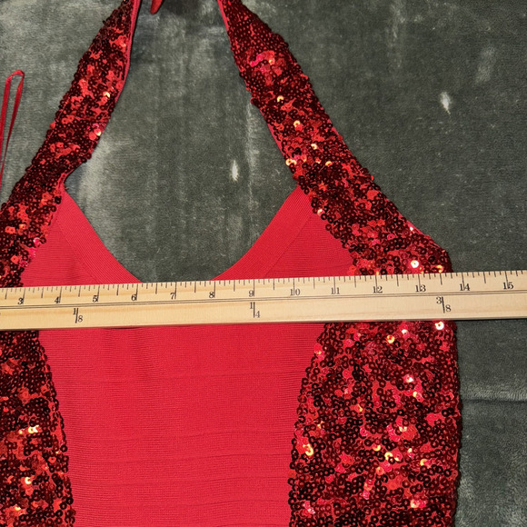 Guess Bodycon Dress Women's Small Red Sequin Halter Neck Cocktail Showgirl Glam - Picture 7 of 8
